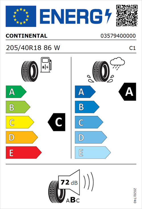 Tyre Label for Continental PremiumContact 6 SSR 205/40R18 86W