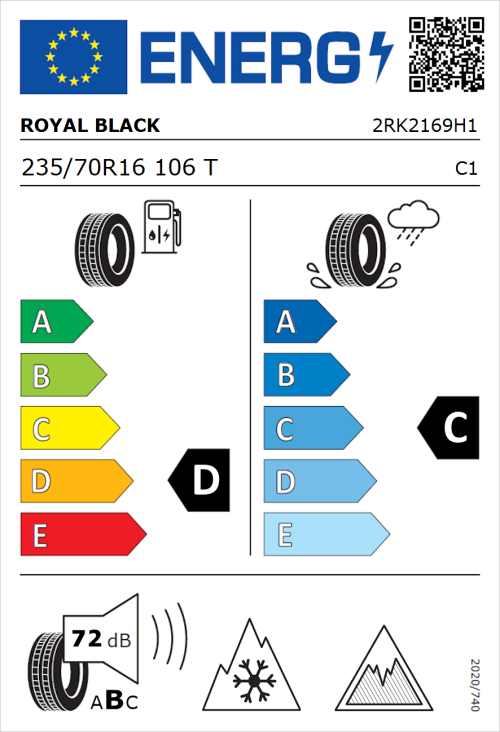 Tyre Label for Royal Black Winter HP 235/70R16 106T