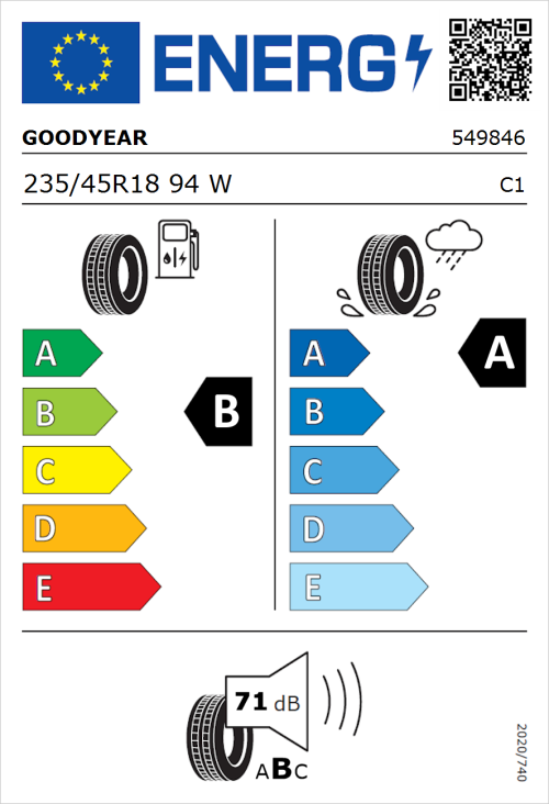 Tyre Label for Goodyear Eagle F1 Asymmetric 3 235/45R18 94W