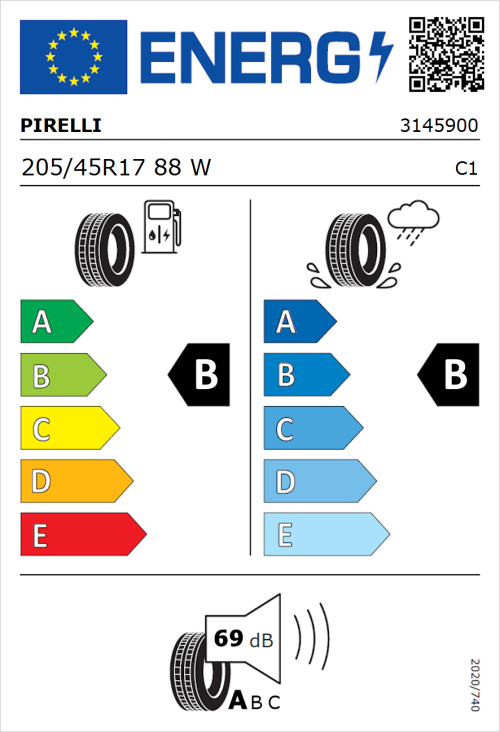 Tyre Label for Pirelli Cinturato P7 (P7C2) 205/45R17 88W