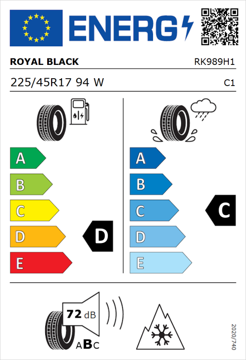 Tyre Label for Royal Black Royal A/S 225/45R17 94W