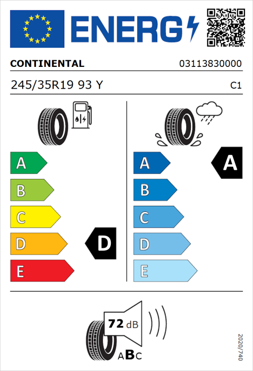 Tyre Label for Continental SportContact 7 245/35R19 93Y