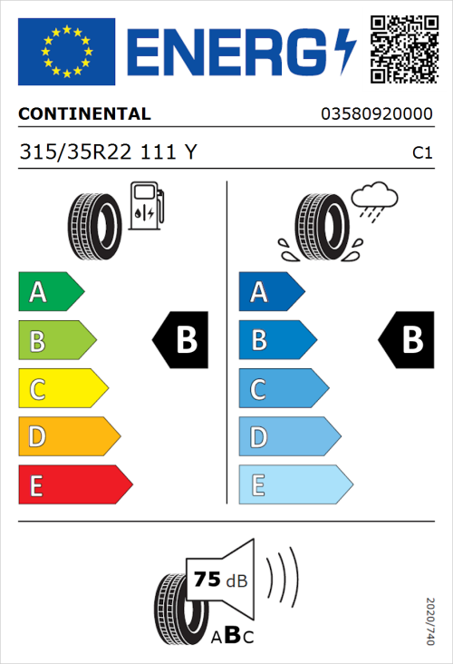 Tyre Label for Continental PremiumContact 6 SSR 315/35R22 111Y