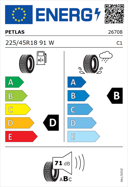Tyre Label for Petlas Velox Sport PT741 225/45R18 91W