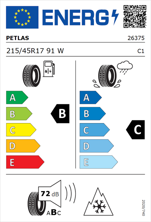 Tyre Label for Petlas Multi Action PT565 215/45R17 91W
