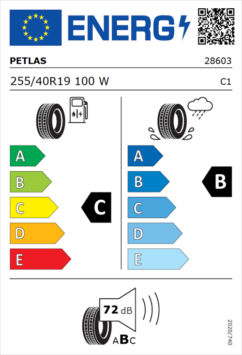 Tyre Label for Petlas Velox Sport PT741 255/40R19 100W