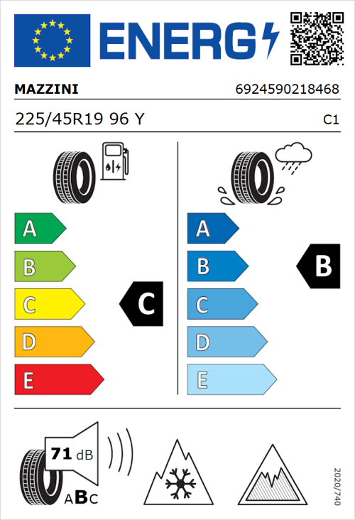 Tyre Label for Mazzini Versat-AS8 225/45R19 96Y