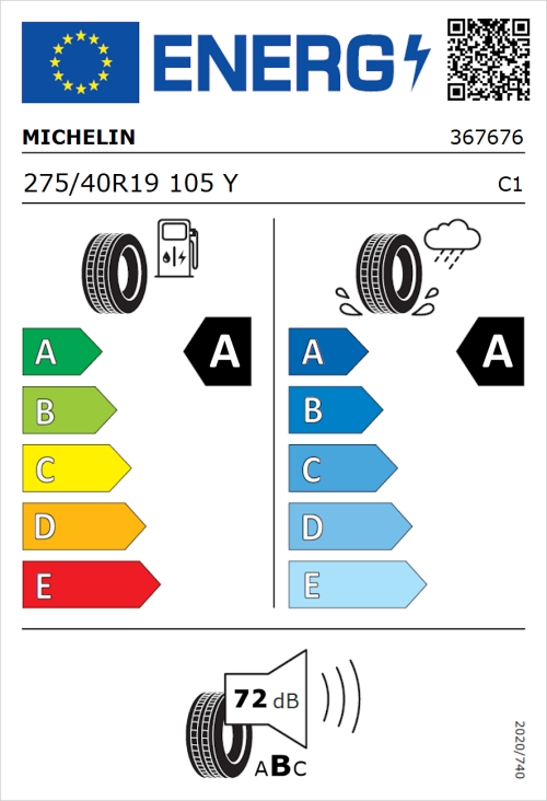 Tyre Label for Michelin e.primacy 275/40R19 105Y