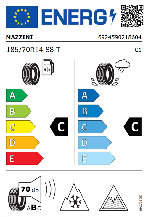 Tyre Label for Mazzini Versat-AS8 185/70R14 88T