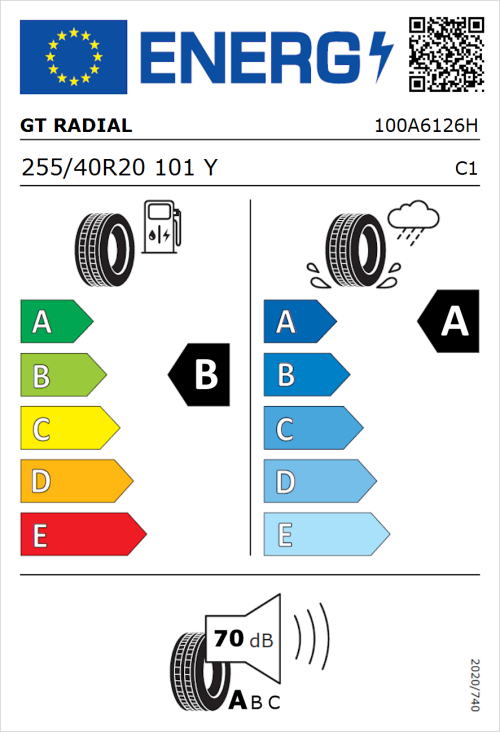 Tyre Label for GT Radial SportActive 2 255/40R20 101Y