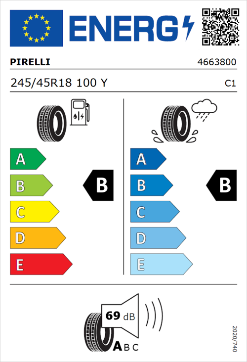 Tyre Label for Pirelli Powergy 2 245/45R18 100Y