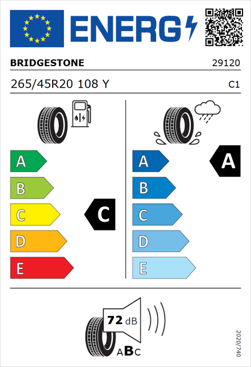 Tyre Label for Bridgestone Potenza Sport Evo 265/45R20 108Y