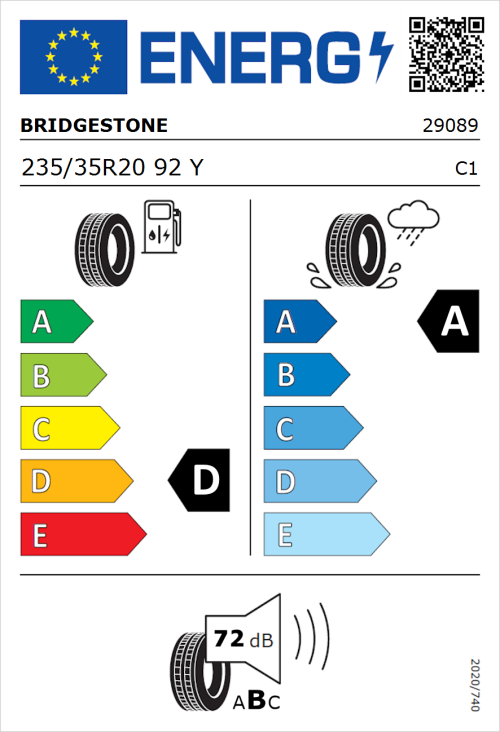 Tyre Label for Bridgestone Potenza Sport Evo 235/35R20 92Y
